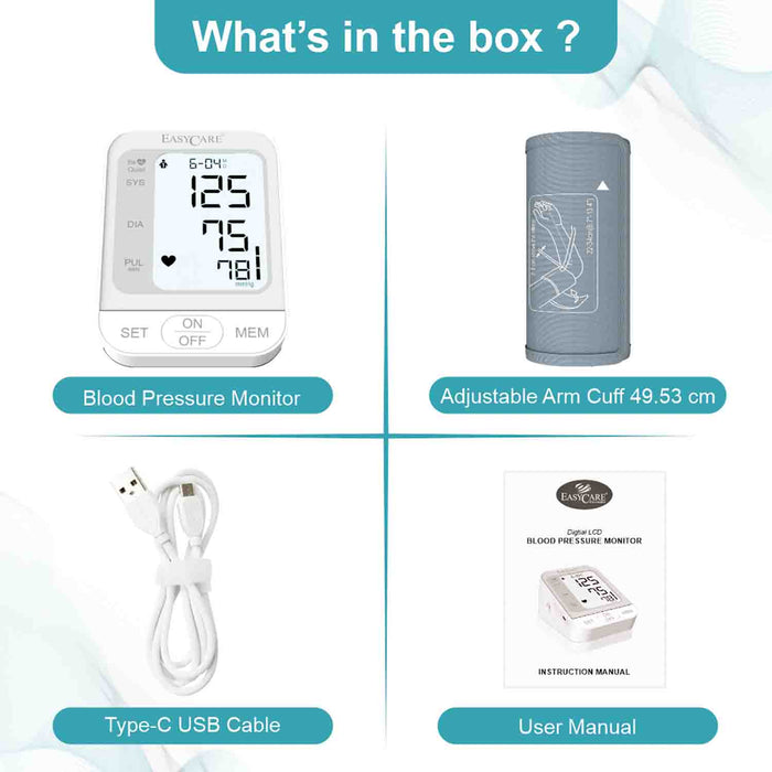 Blood pressure monitor with components listed on a white background