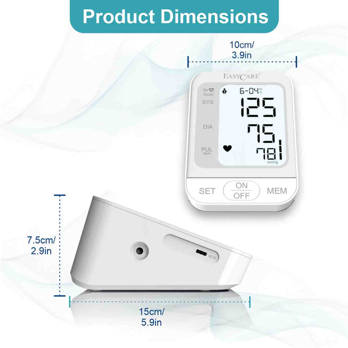 Blood pressure monitor with dimensions displayed on a white background