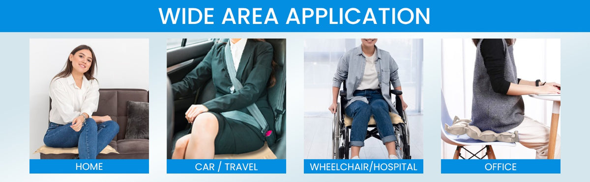 Promotional graphic for wide area application with images of people in various settings of cushion seat .