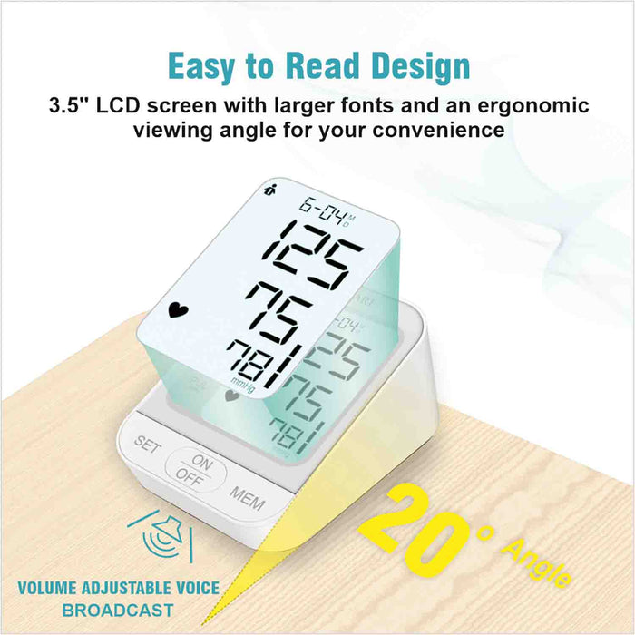 Digital blood pressure monitor with large display on a wooden surface, featuring text about its design.