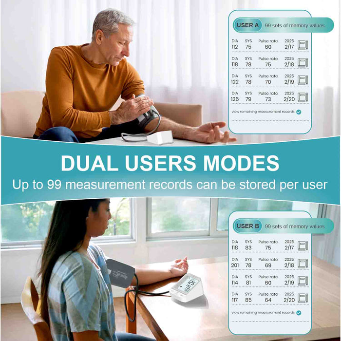 Two people using a blood pressure monitor with digital display showing measurement records.
