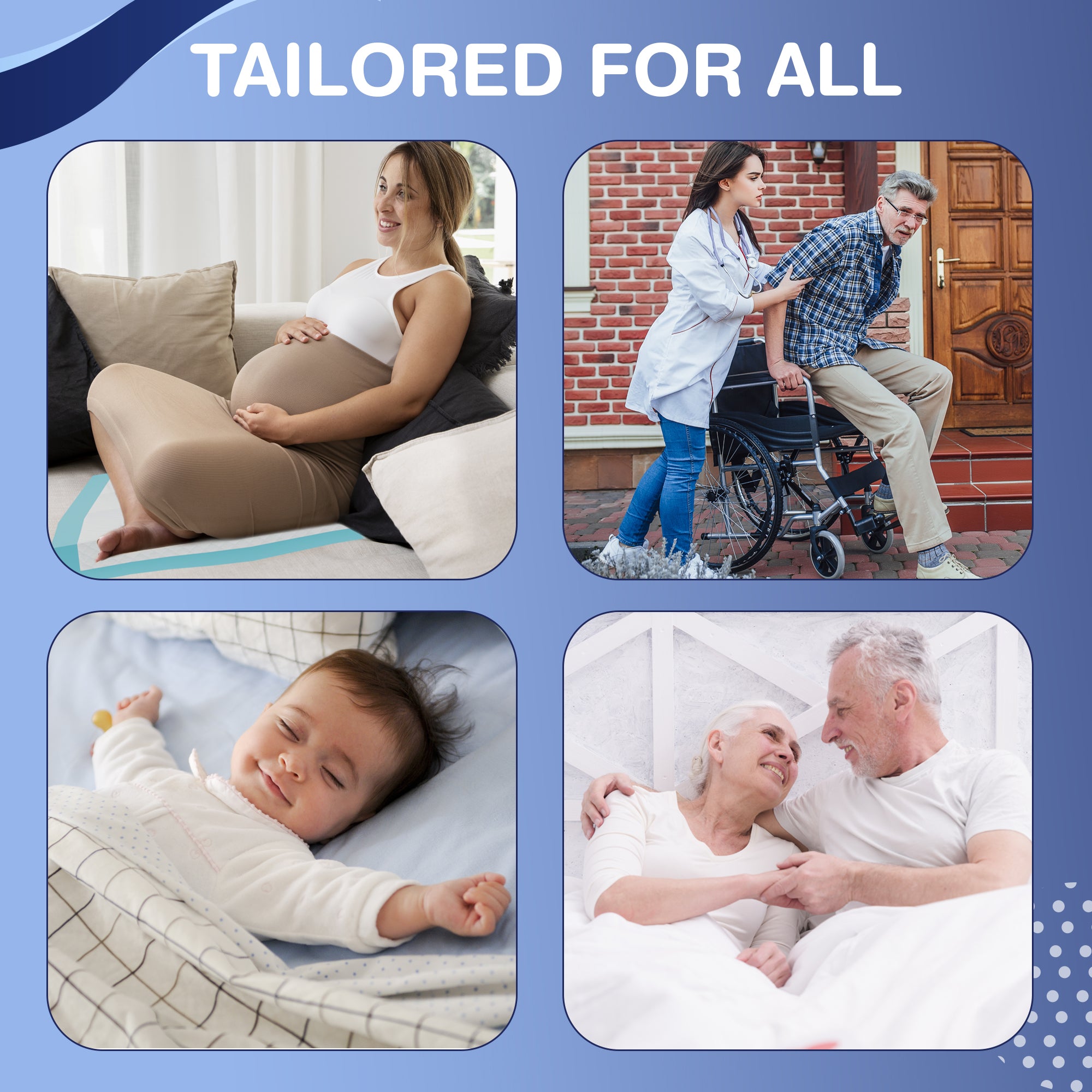 Collage of images showing a pregnant woman, a healthcare professional with a patient on a wheelchair, a baby, and an elderly couple, with the text 'Tailored for All' on a blue background.
