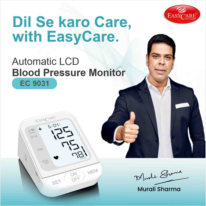 EasyCare blood pressure monitor with a man giving a thumbs up on a light blue background