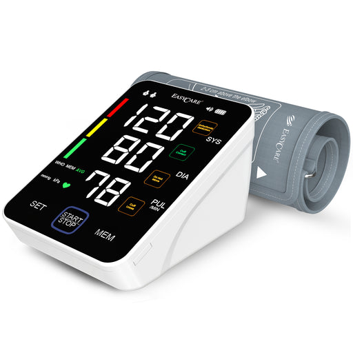 Blood pressure monitor with digital display on a white background