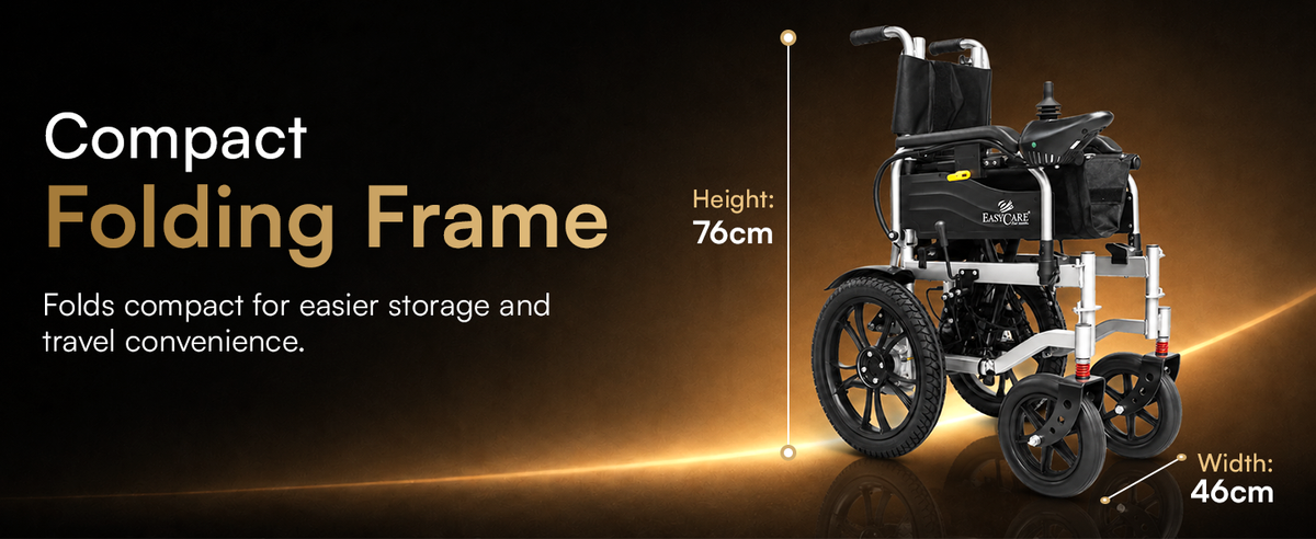 Compact folding frame electric wheelchair with height and width measurements on a dark background