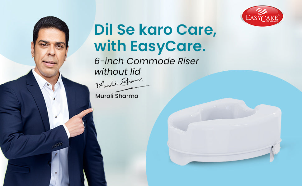 Advertisement for EasyCare commode riser with a man pointing to it and the product on a blue background.