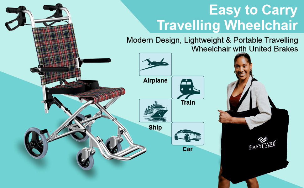 Portable travel wheelchair with features highlighted on a green background