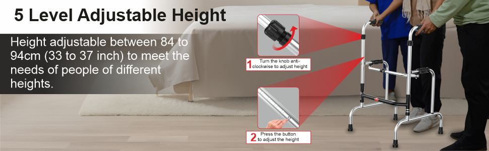 Adjustable height walker with instructions on use and features.