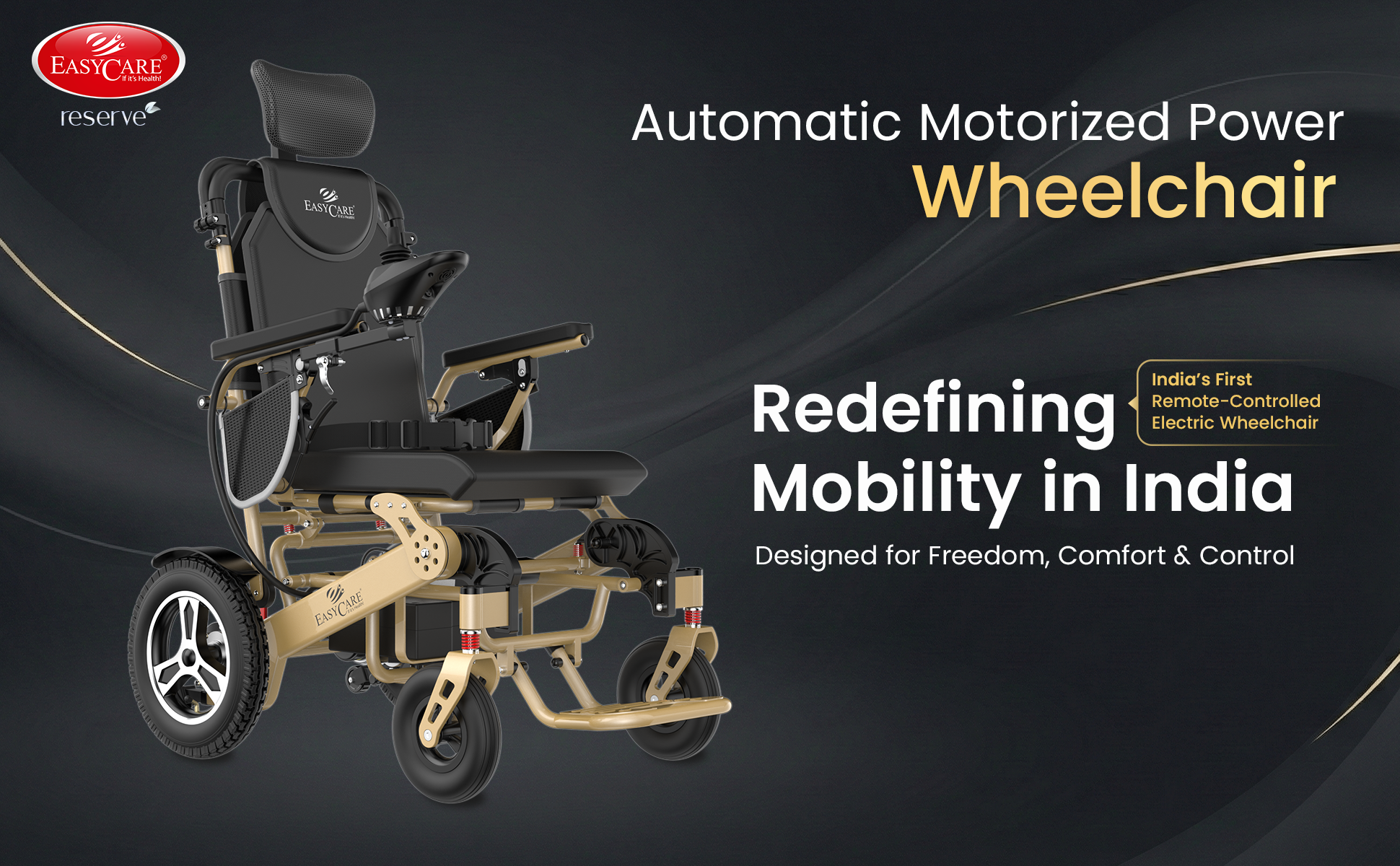 Automatic Motorized Power Wheelchair with branding and text on a dark background