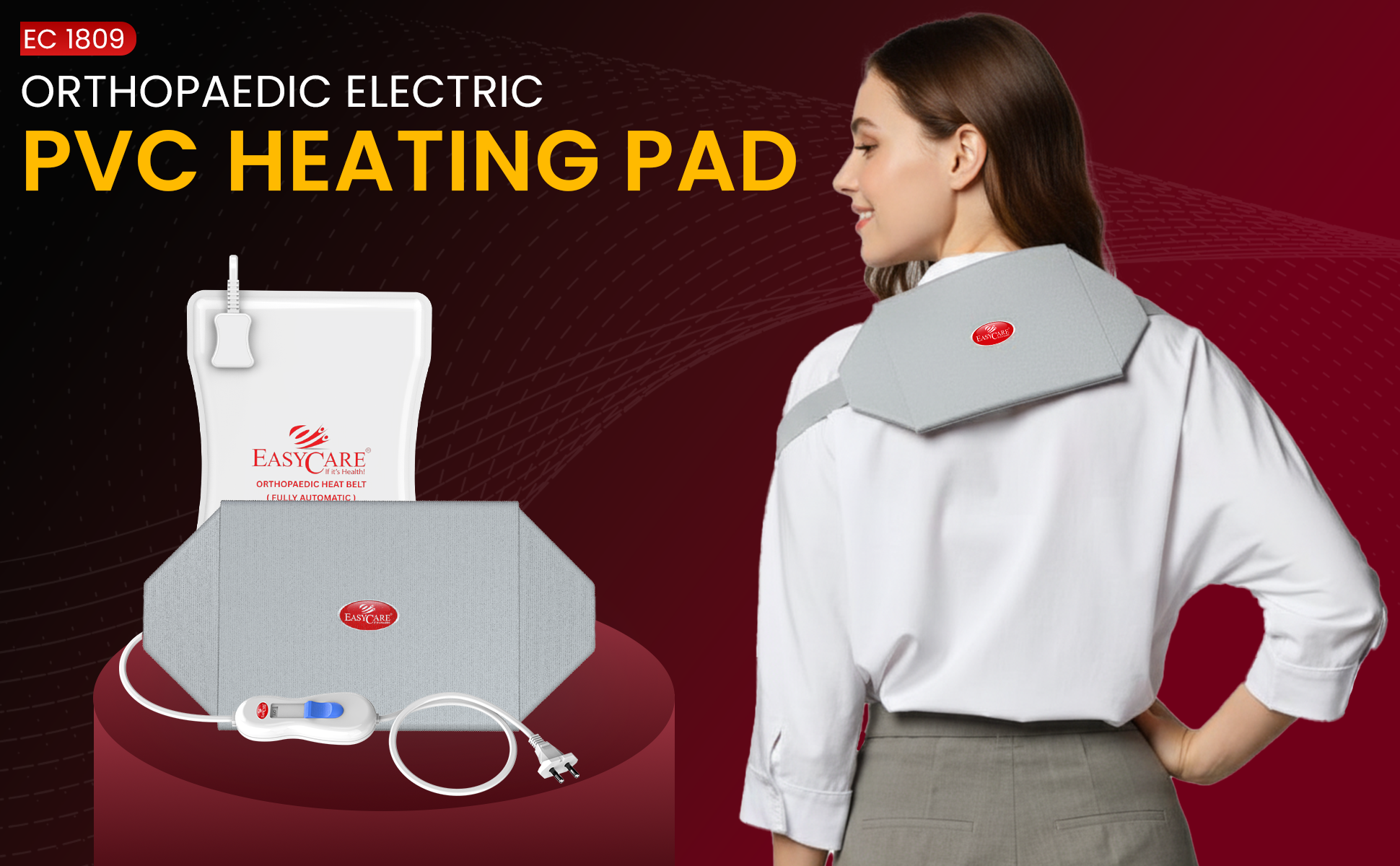 Orthopaedic electric PVC heating pad with a woman wearing it on a red background