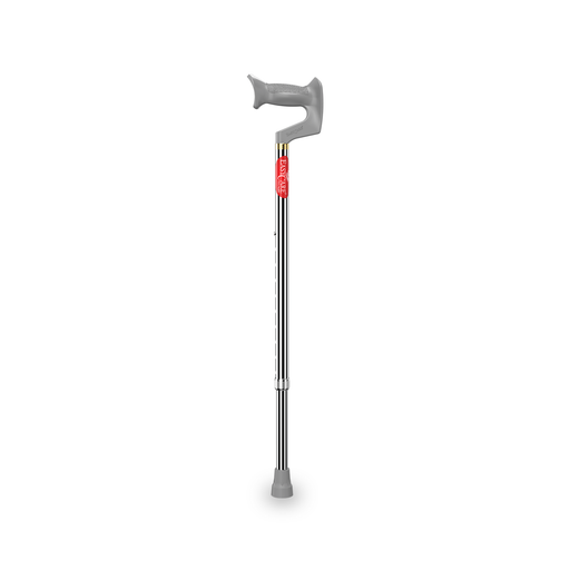 Cane with gray cane tip and red label on a white background