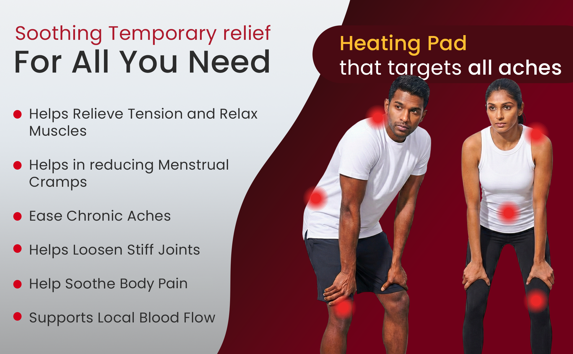 Advertisement for a heating pad targeting all aches with a man and woman showing pain points.