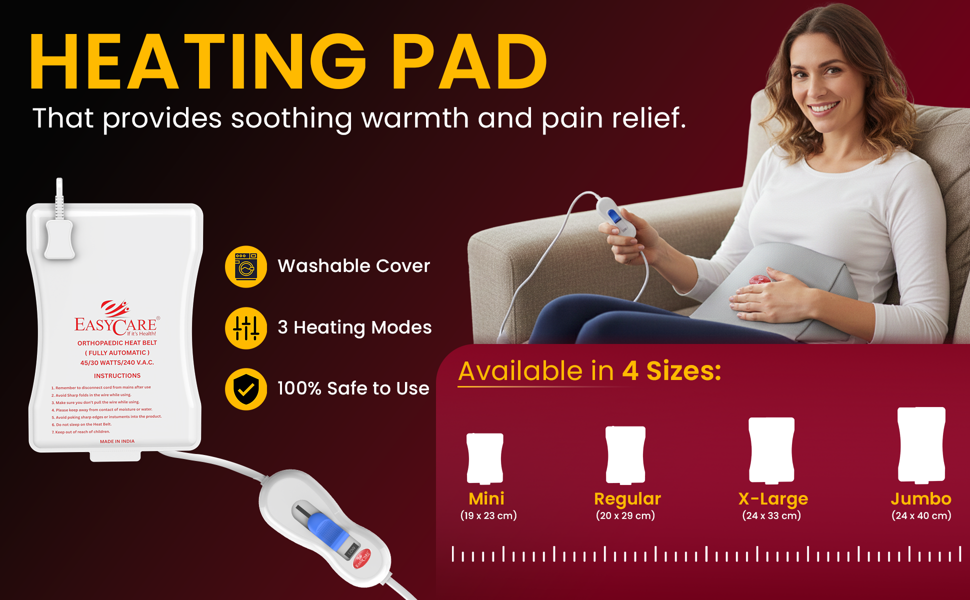 Heating pad advertisement with a woman using it, showing features and size options.