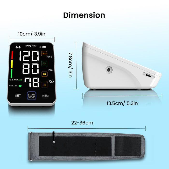 Measurement chart showing dimensions of a blood pressure monitor, device, and arm cuff on a light blue background.