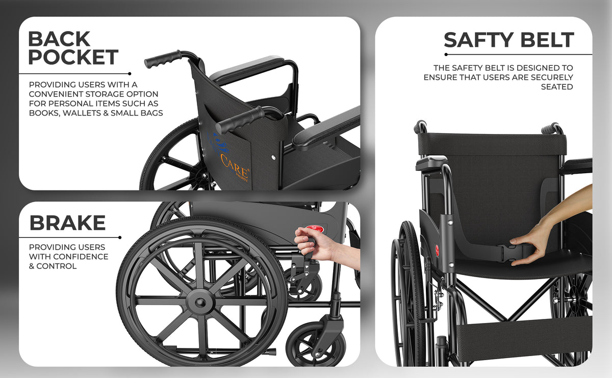 Features of a wheelchair including back pocket, safety belt, and brake.