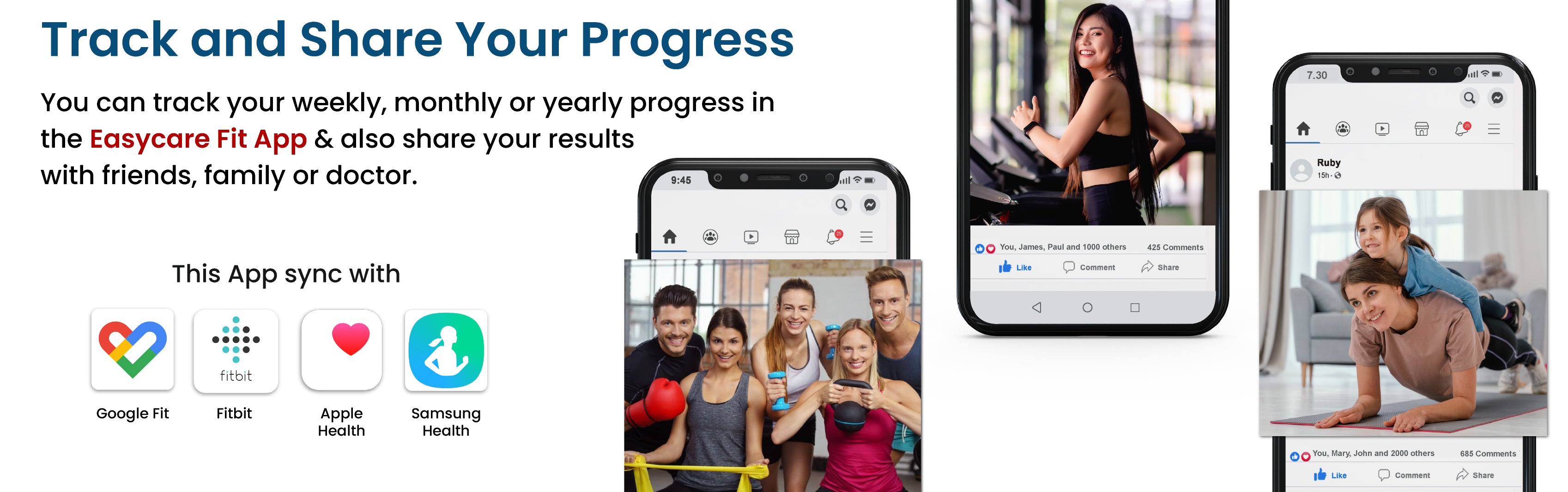 Advertisement for Easycare Fit App showing smartphone screens with app interface and people exercising.