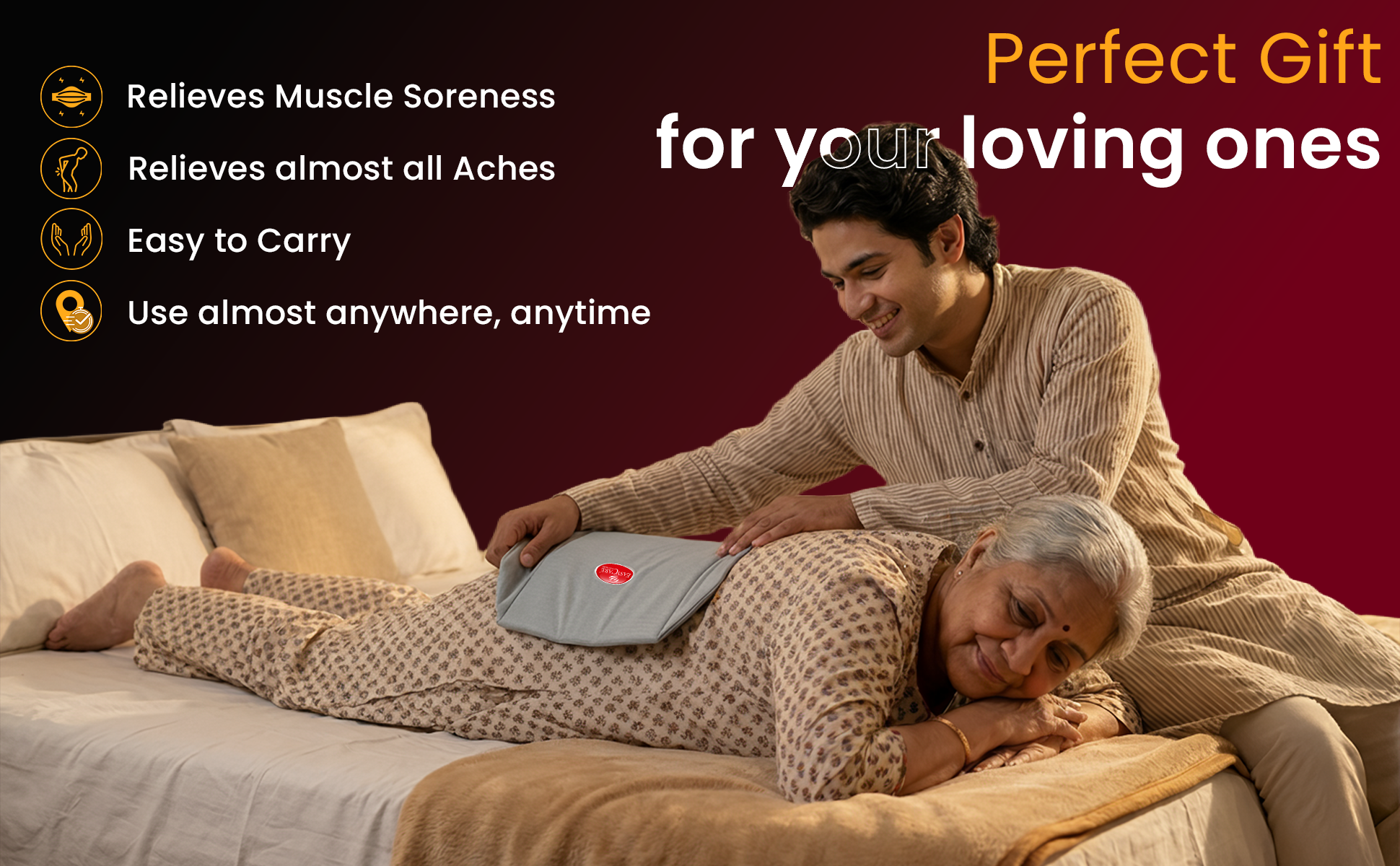 Man using a heating pad on an elderly woman with text about its benefits.