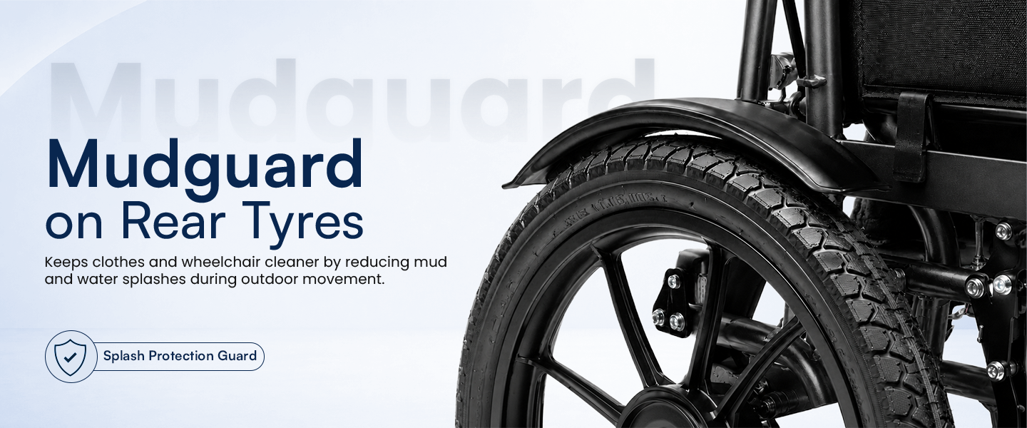 Electric Wheelchair with a mudguard on the rear tyre, highlighting splash protection feature.