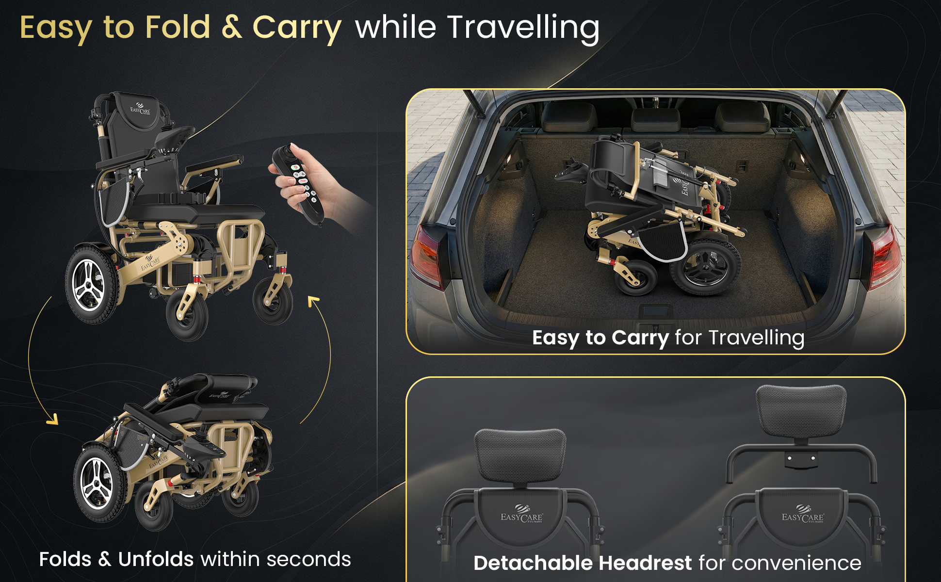 Portable electric wheelchair with features for easy folding, carrying, and use shown in a car trunk.