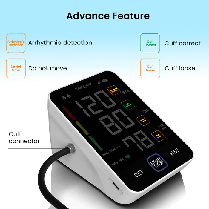 Blood pressure monitor with digital display on a light blue background