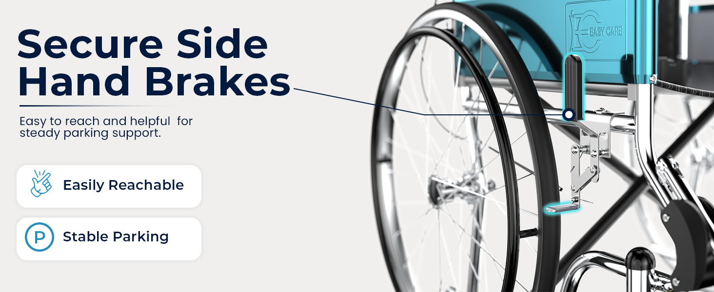 Wheelchair with secure side hand brakes on a white background