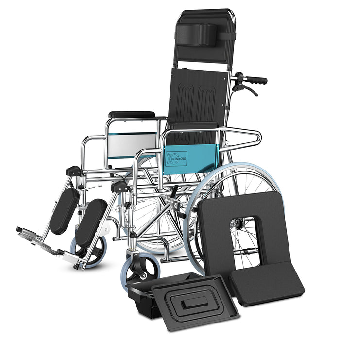 A steel wheelchair with a reclining backrest, built-in commode, and anti-tilt wheels. It is shown with the backrest in a reclined position and the wheelchair appears to be sturdy and designed for mobility and comfort.