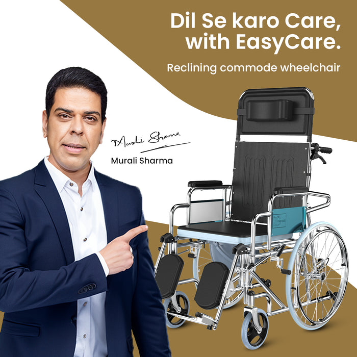 EASYCARE Reclining Commode Wheelchair with 180° Backrest, Chrome Steel Frame & Adjustable Footrests | Wheelchair for Elderly and Patients (EC609GC)