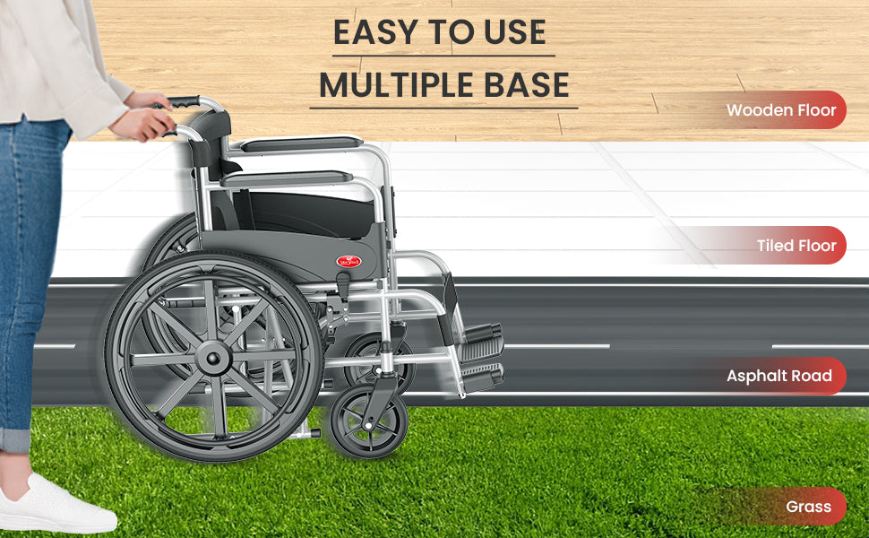 Wheelchair with text 'Easy to use multiple base' on a road surface with grass and wooden floor backgrounds.