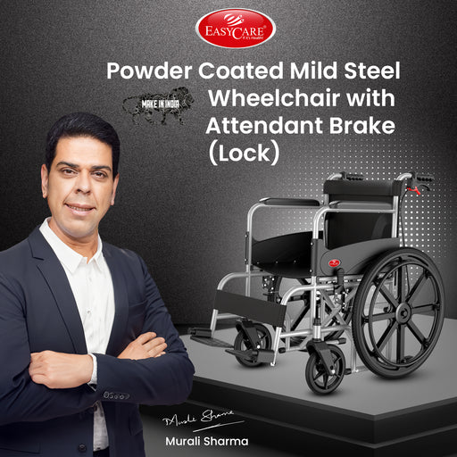 Promotional image of a powder-coated mild steel wheelchair with attendant brake, featuring a man and Easycare branding.