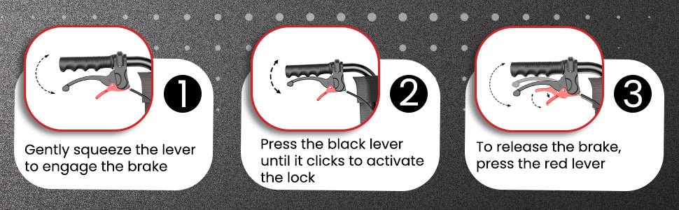 Step-by-step instructions for using a brake lever with labeled actions and levers for wheelchair.