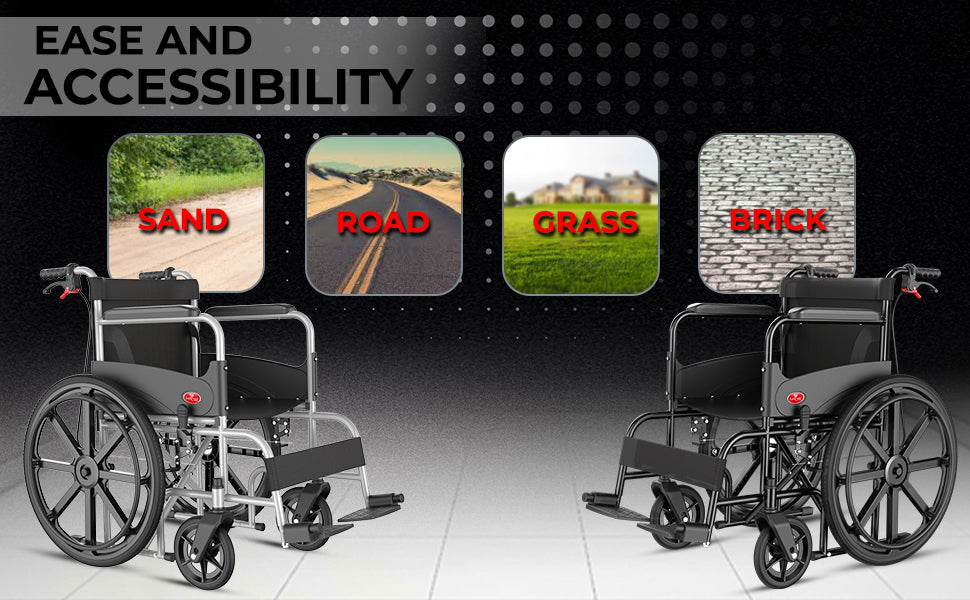 Two wheelchairs with different types of terrain graphics above them on a black background.