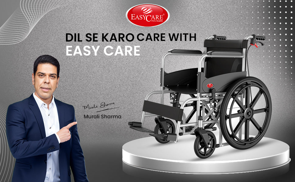 Wheelchair with Easy Care branding and a person pointing towards it on a gray background.