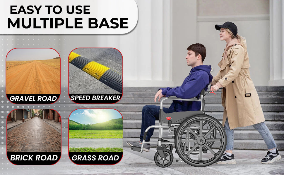 Person using a wheelchair with a woman pushing them, featuring images of different road types.