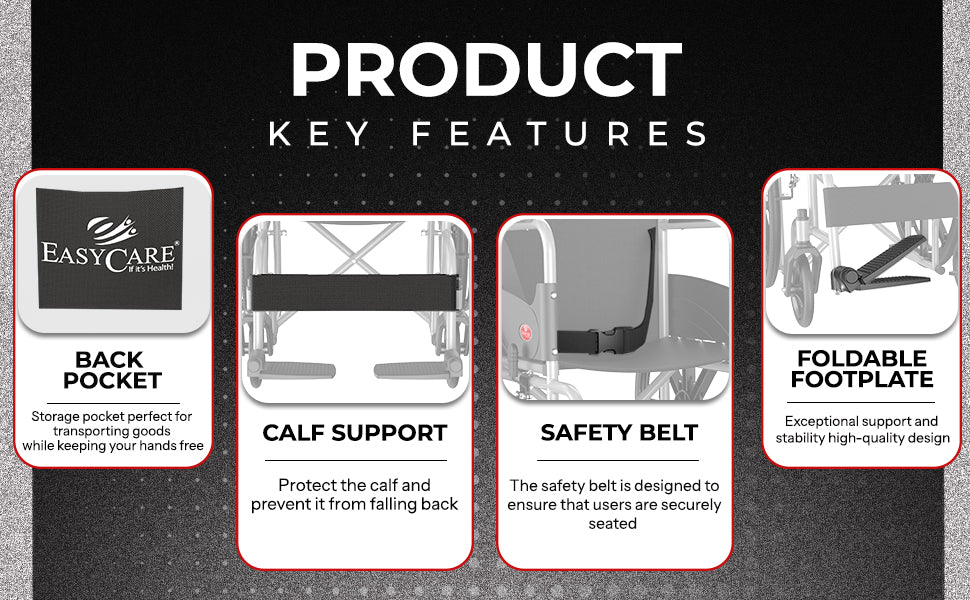 Product key features of a wheelchair with Easycare branding on a black background.