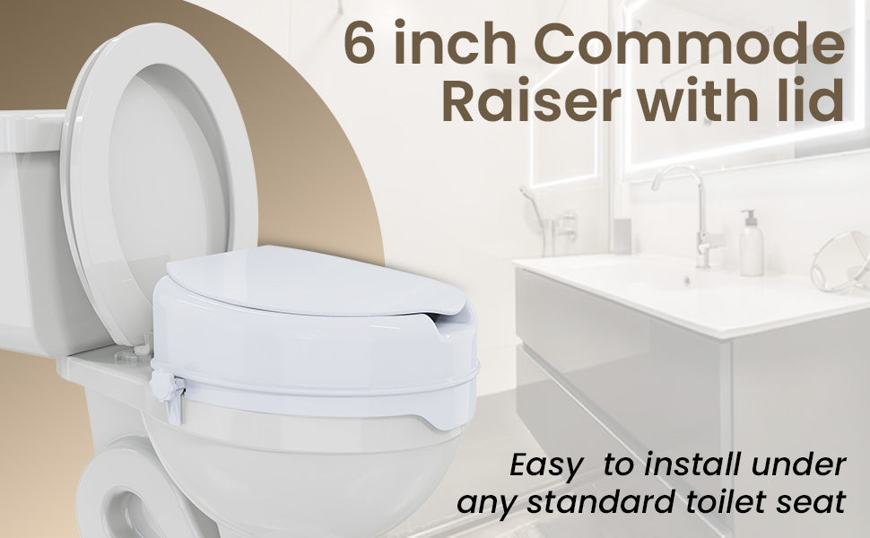 6 inch commode riser with seat cover on a toilet in a bathroom setting