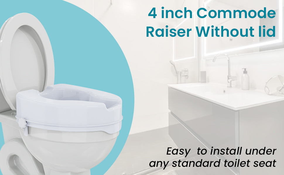4-inch commode raiser without lid on a toilet with bathroom background
