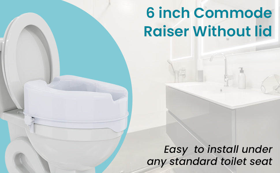 6-inch commode raiser without lid on a toilet with text indicating ease of installation.