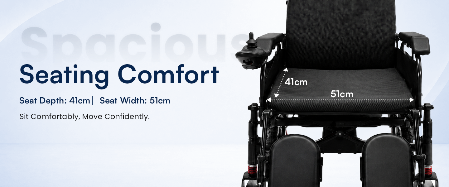 Black electric wheelchair with measurements on a light blue background