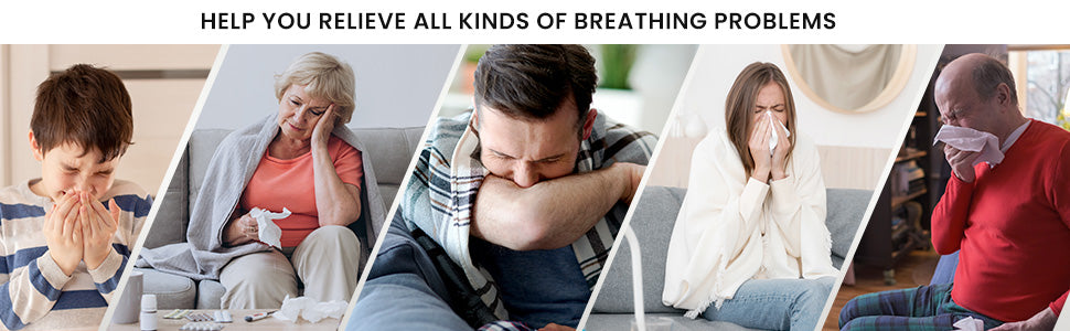 People experiencing breathing problems with text 'Help you relieve all kinds of breathing problems'.