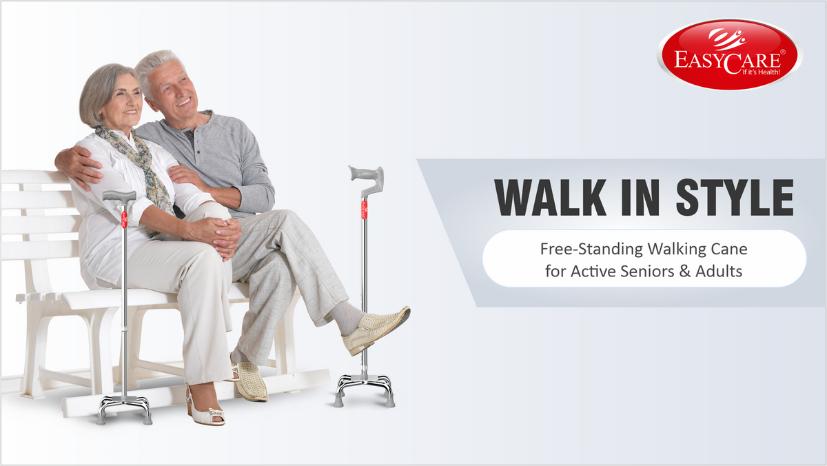 An elderly couple sits on a white bench against a light gray studio background, with two silver and red walking sticks visible beside them. The right side includes the text 'WALK IN STYLE' and 'Free-Standing Walking Cane for Active Seniors & Adults,' plus an EASYCARE logo in the top right.
