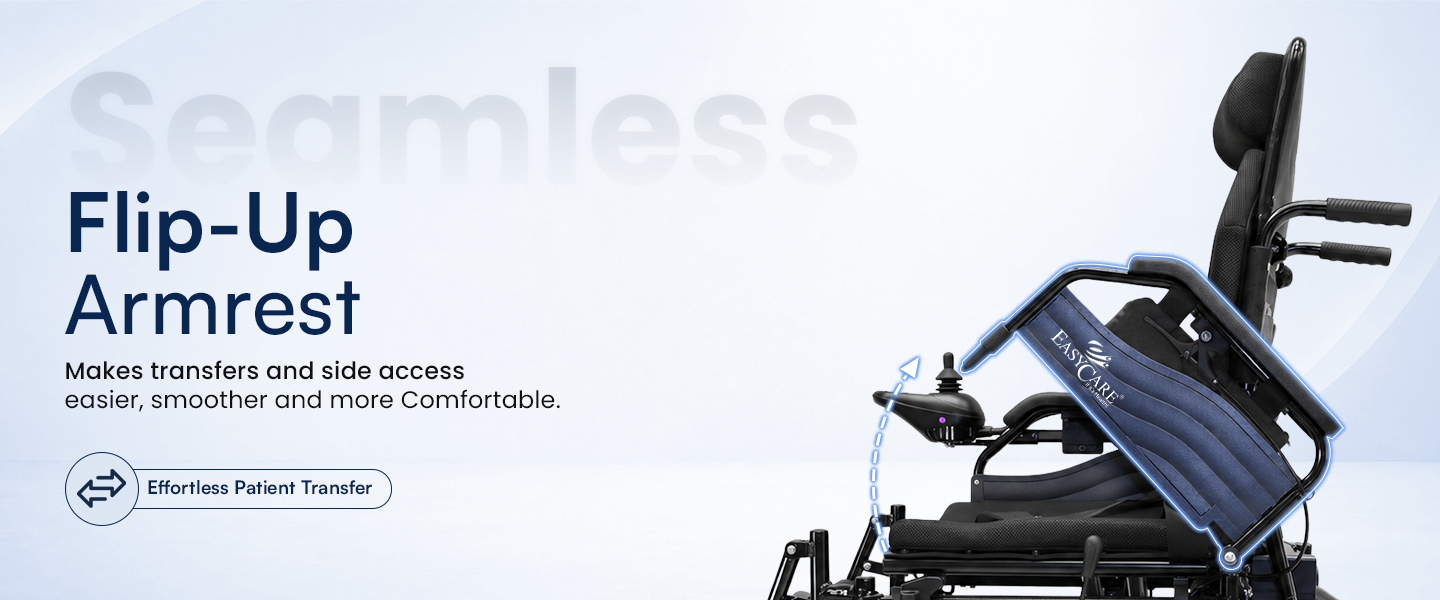 Electric Wheelchair with flip-up armrest feature on a light blue background
