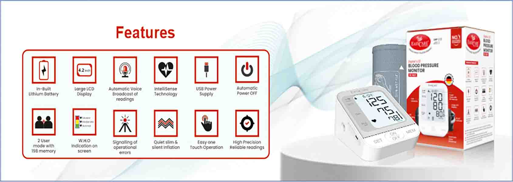 Blood pressure monitor with features listed on a white background