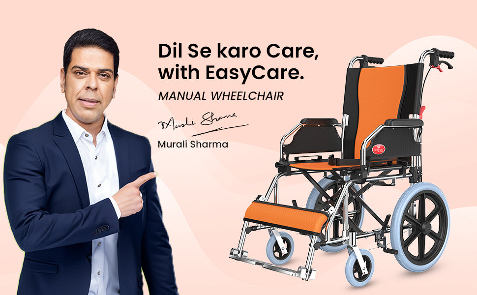 Man pointing to a manual wheelchair with 'EasyCare' branding on a pink background