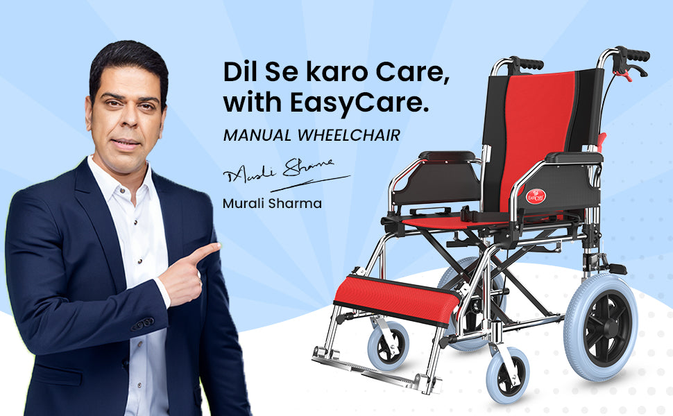 Man pointing to a red and black manual wheelchair with 'EasyCare' branding on a light blue background.