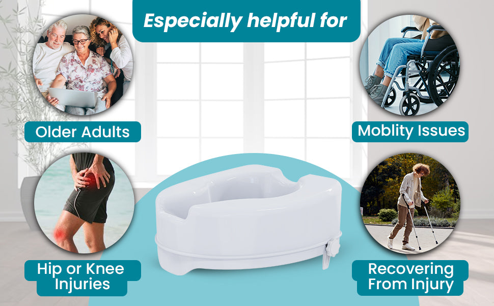 commode riser advertisement with text highlighting its benefits for older adults, mobility issues, hip or knee injuries, and recovering from injury.