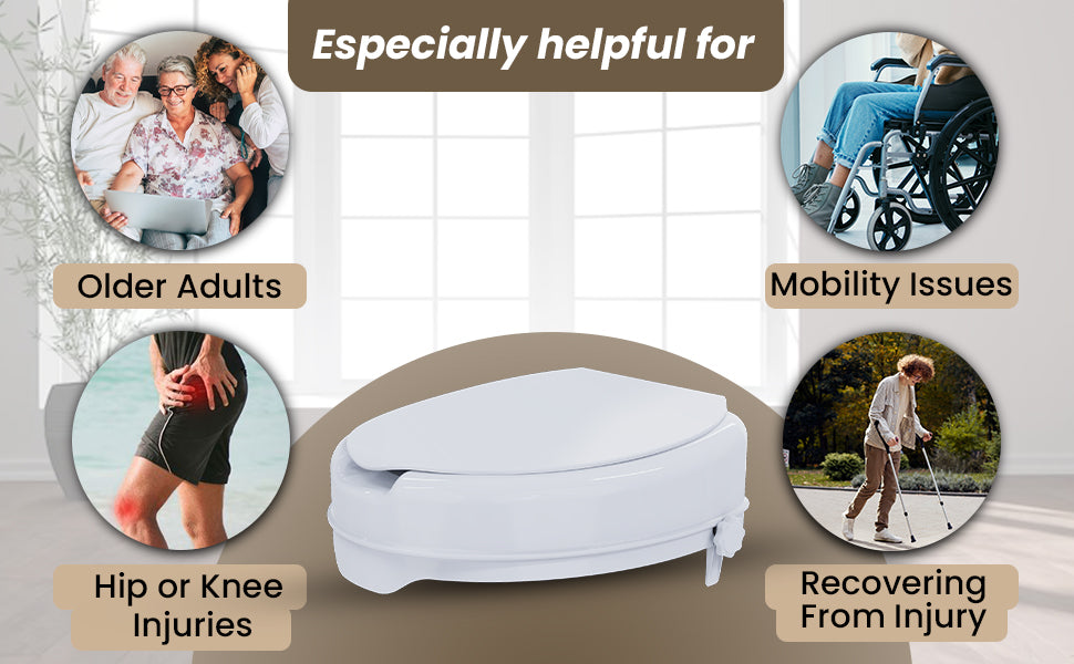 commode raiser with text highlighting its benefits for older adults, mobility issues, hip or knee injuries, and recovering from injury.