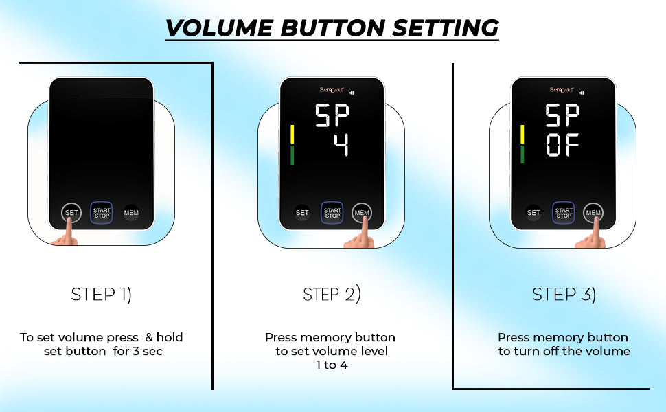 Step-by-step guide on setting and adjusting volume on blood pressure monitor with visual indicators.