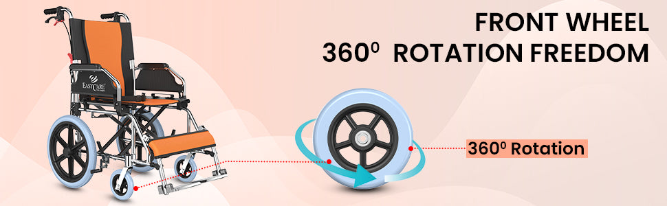 Wheelchair with front wheel showing 360-degree rotation on a beige background