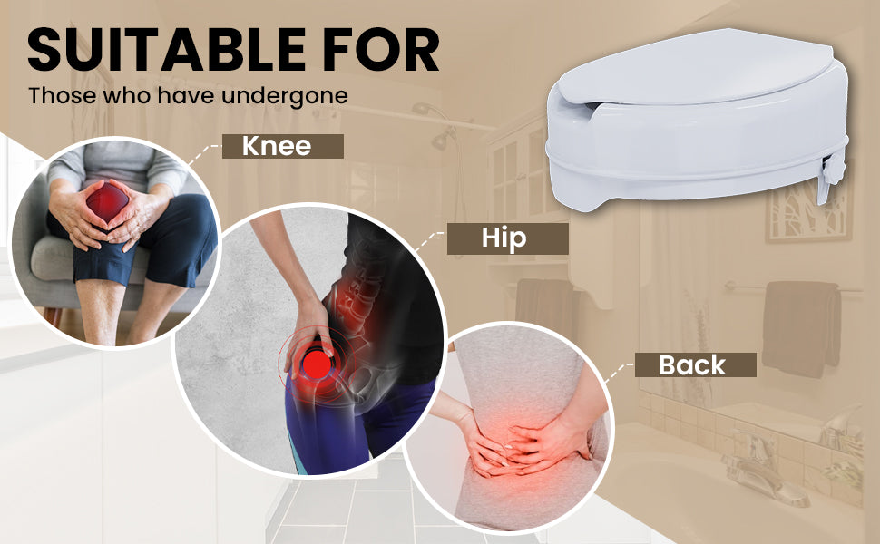 Massage commode riser with seat cover suitable for knee, hip, and back with labeled images of people using it.
