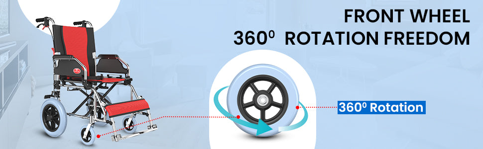 wheelchair with front wheel 360-degree rotation feature on a blue background
